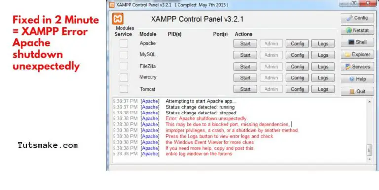 XAMPP Error Apache Shutdown Unexpectedly Tuts Make
