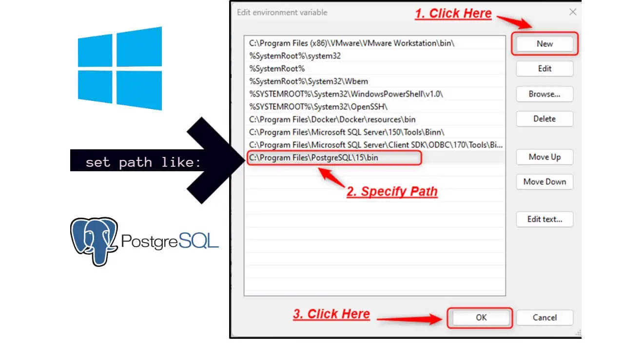 How to Set Environment Variables for postgresql in windows 11